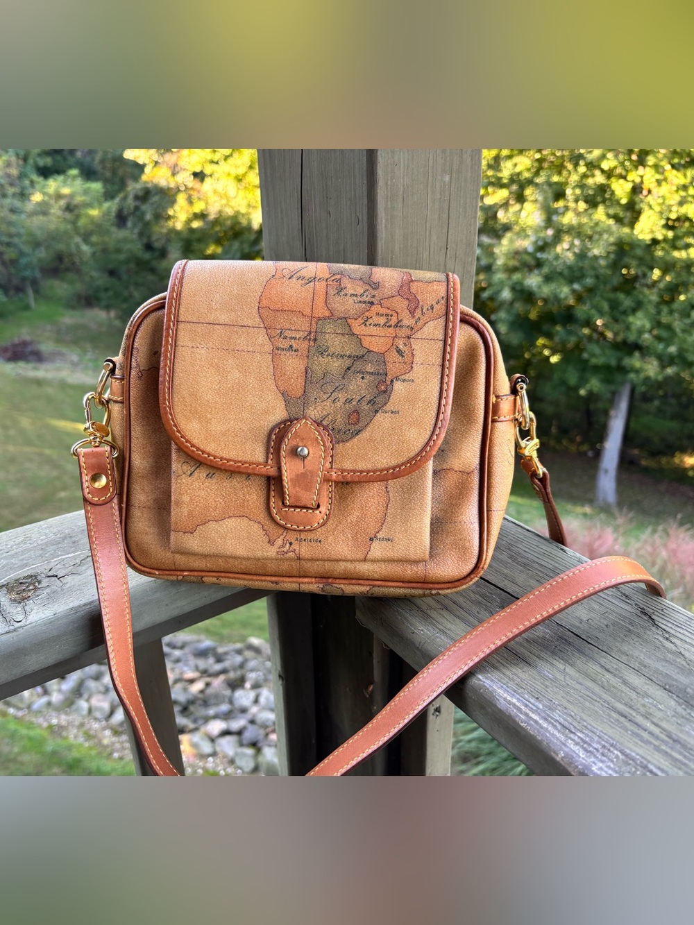 Alviero Martini Map-Print Crossbody Bag in Tan and Brown